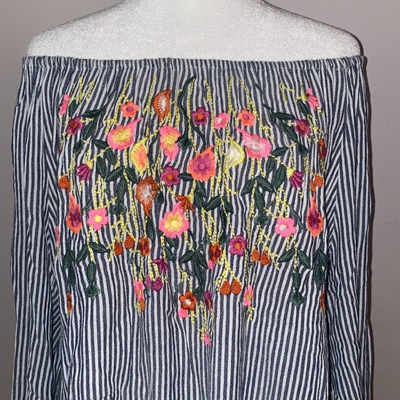 Francesca’s “Blue Rain” Boho Stripe Embroidered 3/4 Sleeve Blouse - Picture 3 of 14